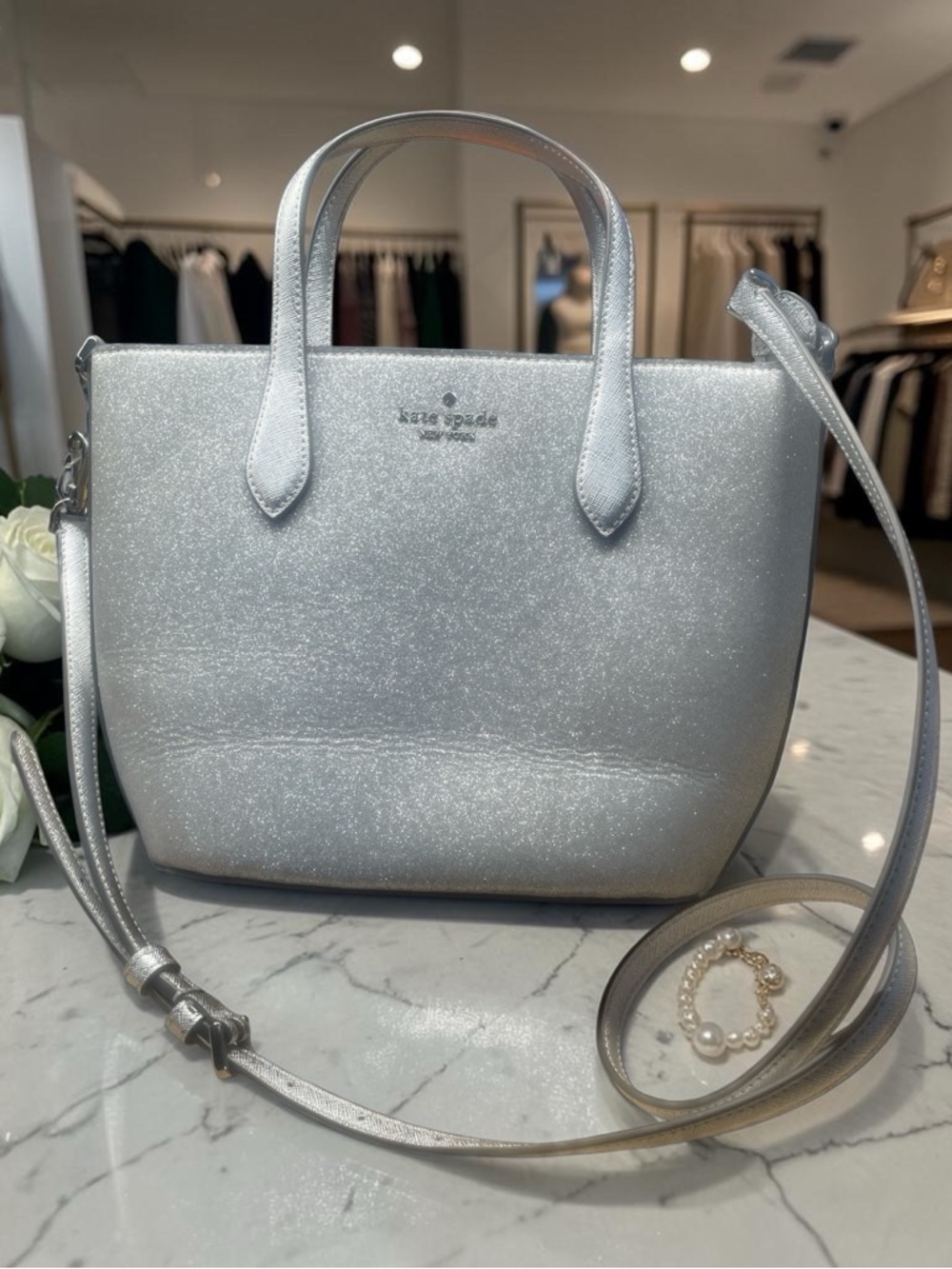 KATE SPADE SILVER GLITTER MINI TOTE